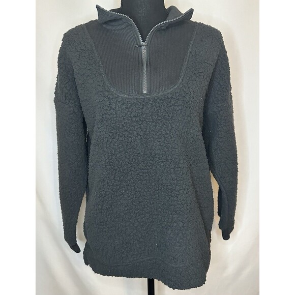 AERIE Oversized Sherpa Quarter Zip Pockets Gray Black Pullover‎ Sweater XS NWT - Picture 1 of 10